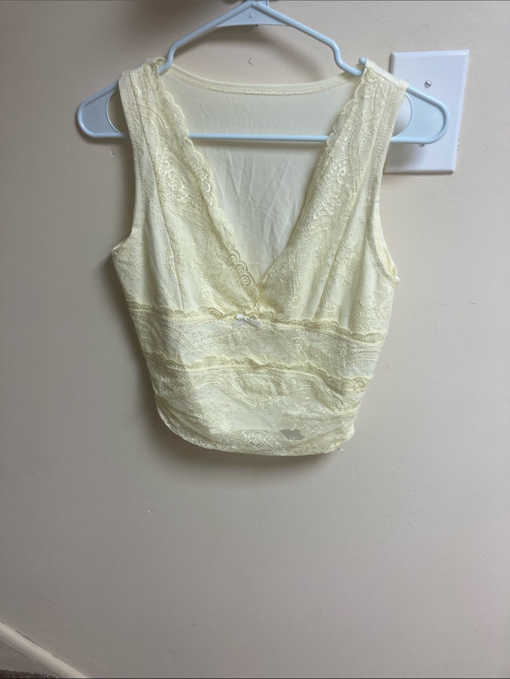 Sheer Lace V-Neck Cropped Tank Top — Pale Yellow